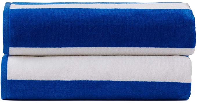 2 Pack Yarn-Dyed Cabana Stripe Velour Pool and Beach Towels, Extra-Large Size (34"x64"), Super Absorbent, Quick Dry, 420 GSM (Blue and White Color)