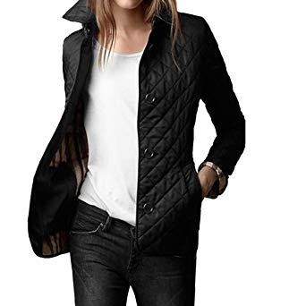 E.JAN1ST Women's Diamond Quilted Jacket Stand Collar Button End with Pocket Coat