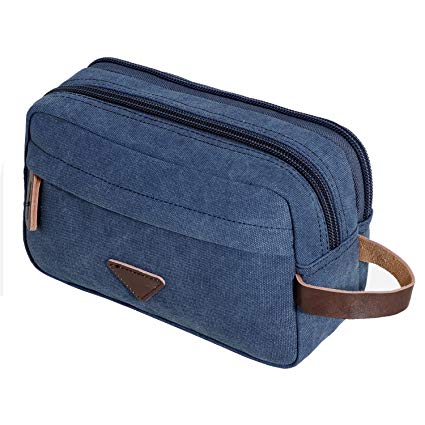Mens Travel Toiletry Bag Canvas Leather Cosmetic Makeup Organizer Shaving Dopp Kits with Double Compartments (Blue 1)