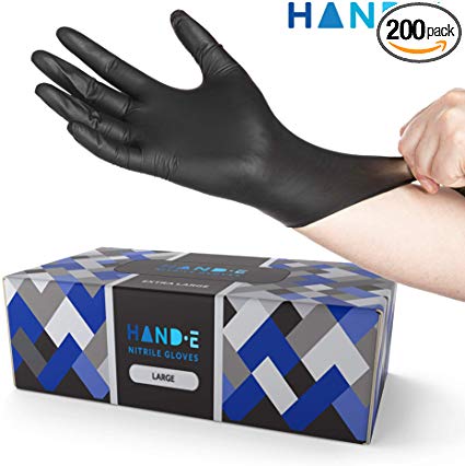 Hand-E Disposable Black Nitrile Gloves Large - 200 Count - Heavy Duty 5 Grams Thick Industrial Grade - Powder Free, Latex Free, Textured Grip, Extra Length Cuff - BBQ, Hot Food Prep, Cleaning