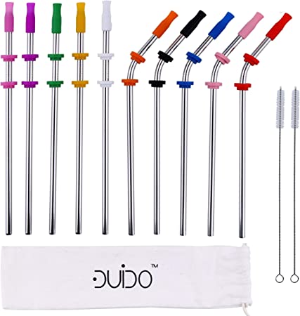 Reusable Stainless Steel Straws with Silicone Tips -(10 Pack) with Silicone Tips, Cleaning Brushes and Storage Pouch - 10.5 inch Reuse Compatible with Yeti Straws of 30 oz 24 oz 20 oz