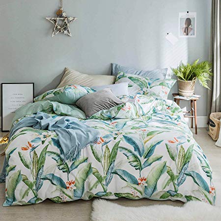 OREISE Duvet Cover Set Full/Queen Size 100% Cotton Green Printed Floral and Summer Tropical Botanical Leaves Pattern 3Piece Bedding Set (1 Duvet Cover + 2 Pillow Shams) Breathable Durable