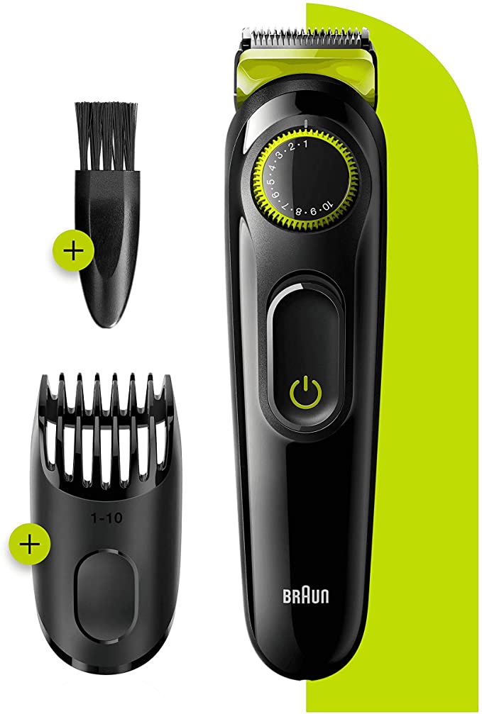 Braun Beard Trimmer BT3221 and Hair Clipper for Men, Lifetime Sharp Blades, 20 Length Settings, Black/Volt Green, UK Two Pin Plug