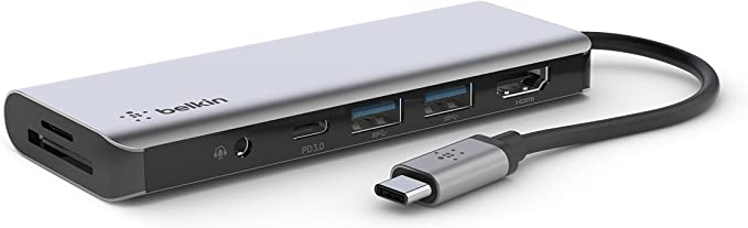 Belkin USB C Hub, 7-in-1 MultiPort Docking Station - USB C Docking Station for MacBook & Windows - 85W USB-C Power Delivery 3.0, 4K HDMI 1.4, 2X USB-A 3.0, SD 3.0, Micro SD 3.0, & 3.5mm Audio Jack