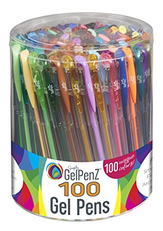 GelPenz 100-Count Gel Pens in Clear Plastic Tub for Adult Coloring Books, 100 Unique Colors