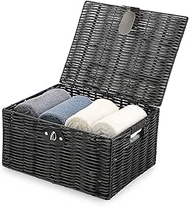 Hipiwe Woven Storage Baskets with Lid & Lock Bedroom Organizer Bins Built-in Carry Handles Household Organizer Boxes Shelf Wardrobe Organizer Rectangular Organizer Basket for Closet, Living Room