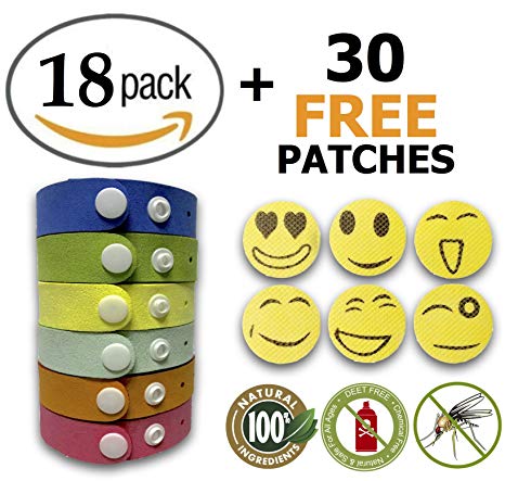 Mosquito Repellent Bracelet Insect & Bug Repellent Bands,100% Natural,Keeps Pests & Bugs Away From Kids, Adults, Adjustable Wristbands for Indoor and Outdoor 18 pack with FREE BONUS 30 patches