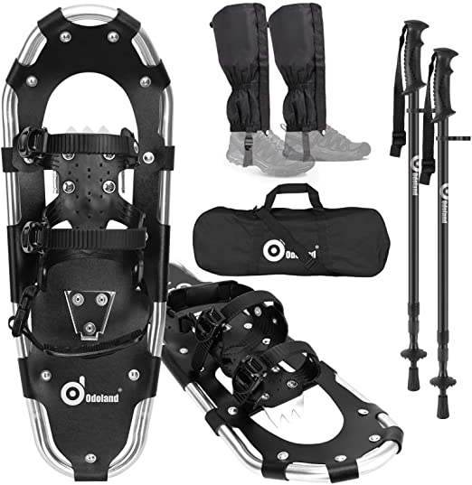 Odoland 4-in-1 Lightweight Snow Shoes Set for Men and Women, Easy to Use Snowshoes with Trekking Poles, Waterproof Snow Leg Gaiters and Carrying Tote Bag, Size 21''/25''/30''