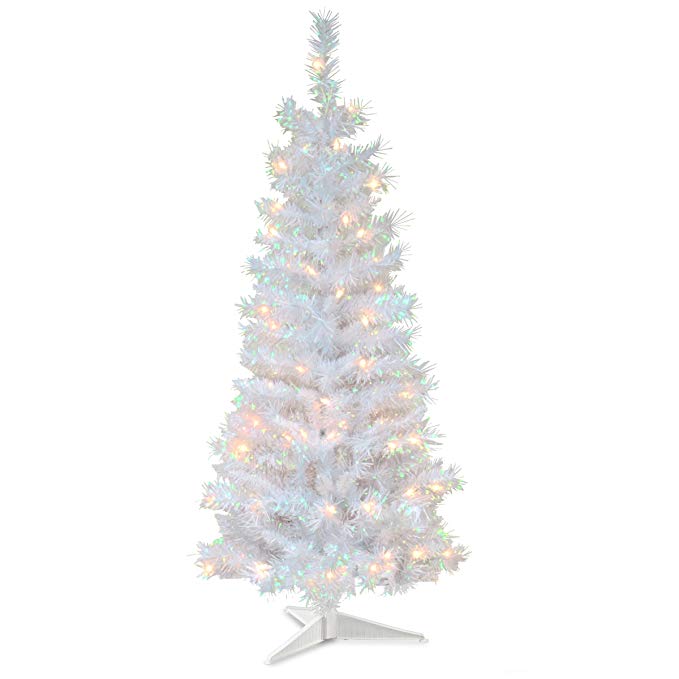 National Tree 4 Foot White Iridescent Tinsel Tree with Plastic Stand and 70 Clear Lights (TT33-313-40)