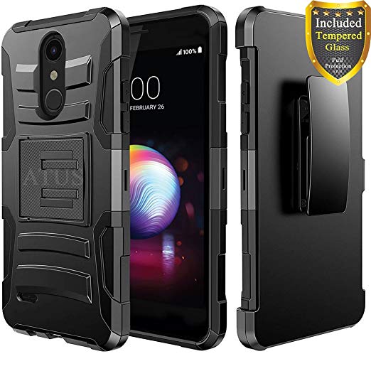 LG K30 Case, LG Harmony 2, LG Phoenix Plus, LG Premier Pro, LG K10 2018, Case with Full Cover Tempered Glass Screen Protector, ATUS - Rugged Protective Kickstand Case with Holster (Black/Black)