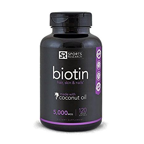 Biotin (Extra Strength) 5000mcg Per Veggie Softgel; Enhanced with Coconut Oil for better absorption; Supports Hair Growth, Glowing Skin and Strong Nails; 120 Mini-Veggie Softgels; Made In USA.