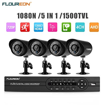 FLOUREON 4CH DVR Security System1080N AHD DVR   4 X Outdoor 1500TVL 720P Bullet Security Cameras Night Version (4CH 1500TVL)