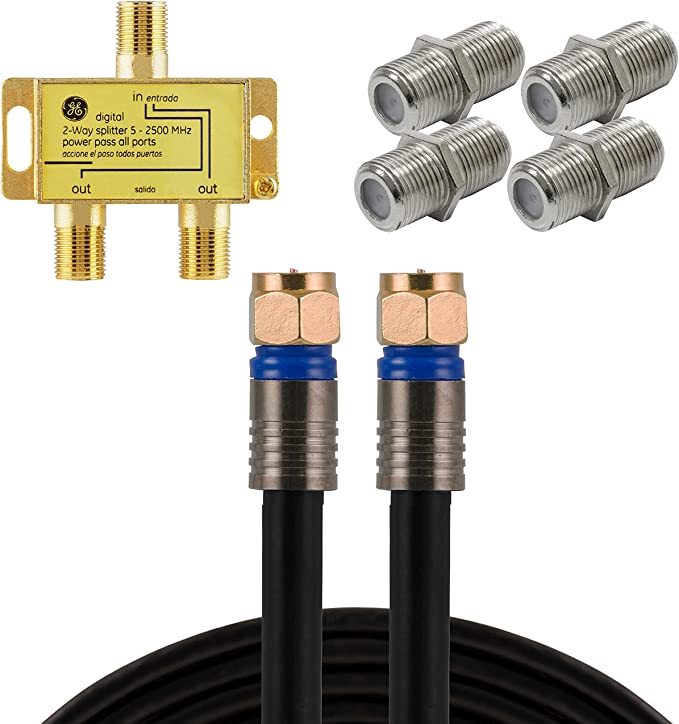 GE 6 ft. RG6 Quad Shield Coaxial Cable, 3 GHz in-Wall Rated, 4 Coax Cable Couplers Female to Female, 2-Way Cable Splitter 5-2500 MHz, for TV, Antenna, Satellite, Cable Box