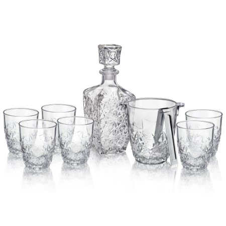 Bormioli Rocco Dedalo 9-Piece Whiskey Decanter Set, Six Rocks Glasses, One Whiskey Decanter, Ice Bucket & Tongs