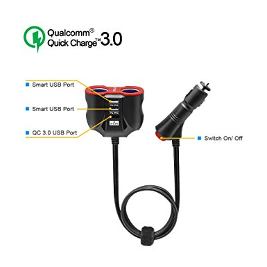 Opluz QC3.0 Smart Car Charger with Switch 2 Socket 3 USB Port  for iPhone/ iPad/ Samsung/ GPS Cell Phone