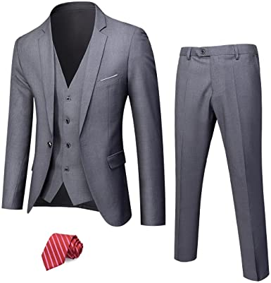 MY'S Men's 3 Piece Solid Suit Set, One Button Slim Fit Jacket Vest Pants with Tie