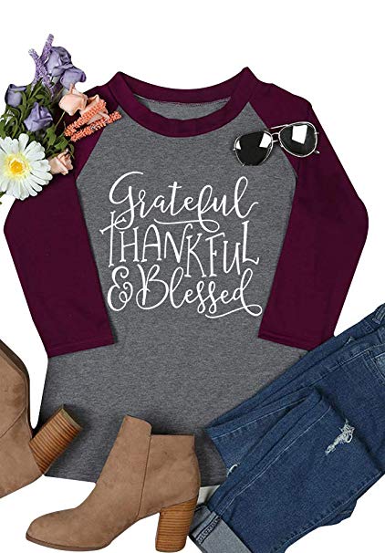 HDLTE Women's Thanksgiving Thankful Blessed Print O-Neck Casual Long Sleeve T-Shirt