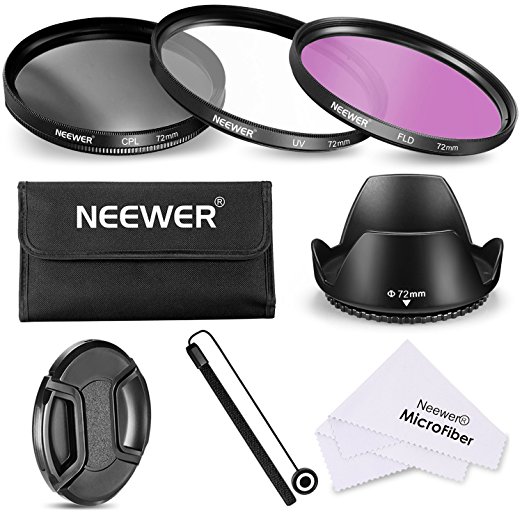 Neewer® 82mm Professional Lens Filter Accessory Kit for Canon Nikon Sony Samsung Fujifilm Pentax and Other DSLR Camera Lenses with Filter Thread - Includes Filter Kit (UV, CPL, FLD)   Filter Carry Pouch   Tulip Flower Lens Hood   Snap-On Lens Cap with Cap Keeper Leash   Lens Cleaning Cloth (72MM)