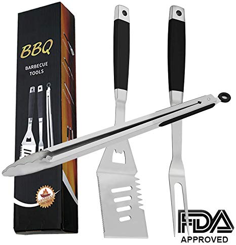 arzerlize BBQ Grill Tools Set Barbecue Utensils Grilling Accessories 3 Pack Heavy Duty Stainless Steel Premium BBQ Tool kit for Spatula Tongs Fork Unique Birthday Gift for Dad