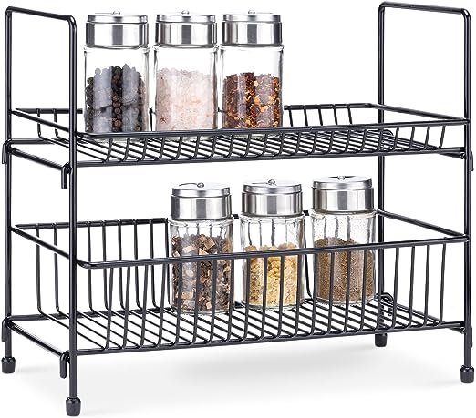 Navaris 2-Tier Spice Rack - Kitchen Countertop Free Standing Organiser for Spices, Herbs, Seasonings - Metal Storage Stand for Ingredients - Black