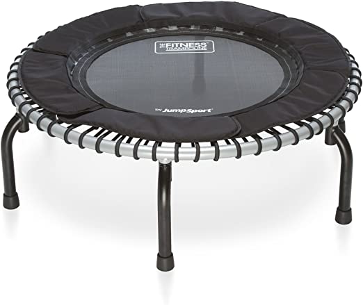JumpSport Fitness Trampoline Model 370 | Top Rated for Quality and Durability | Quietest Most Stable Bounce | No-Tip Arched Legs| 4 Music Workout Videos Included