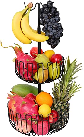 2 Tier Fruit Basket - Countertop Fruit Vegetables Bowl Stand Holder with Banana Hanger - Detachable Metal Wire Produce Storage Baskets for Kitchen Counter Black
