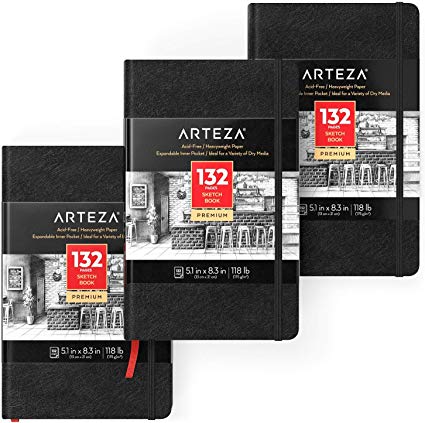 ARTEZA 5.1x8.3" Sketch Book, Pack of 3 Notebooks, 132 Pages per Pad, 118lb/175gsm, Hardcover Journals with Bookmark Ribbon, Expandable Inner Pocket, and Elastic Strap, for a Variety of Dry Media