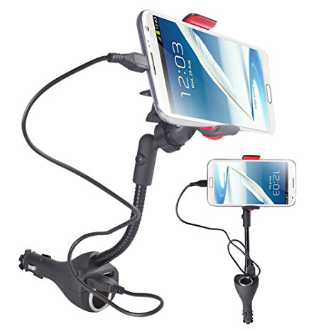 Car Mount, ARESMER Car Holder with Cigarette Power Outlet & 2 Rapid USB Charger Ports 360°Gooseneck Mount for Galaxy S7/S7 Edge, iPhone 7, 7 Plus, More Smartphones & GPS Devices