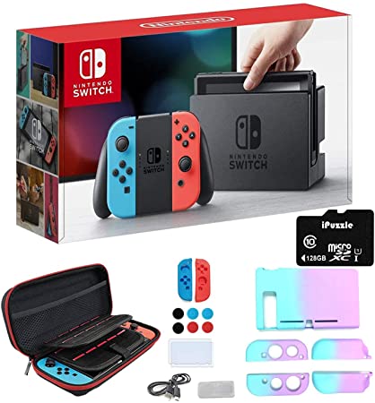 Nintendo Switch with Neon Blue and Neon Red Joy-Con - 6.2" Touchscreen LCD Display, 32GB Internal Storage, 802.11AC WiFi, Bluetooth 4.1, Type-C - 128GB SD Card   11-in-1 Carrying Case