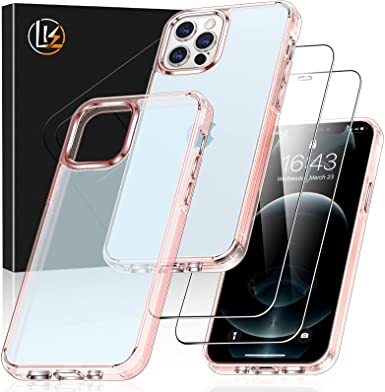 LK Designed for iPhone 12 Case/iPhone 12 Pro Case, [Military Grade Drop Tested] [Never Yellow] with 2 Pack Tempered Glass Screen Protector, Translucent Matte Slim Protective Cover