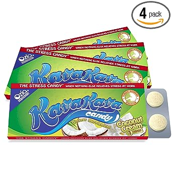 Ozia Originals Kava Kava Candy - 8 Kava Candies Per Pack, Kava Extract Stress Relief Supplement, Natural Kava Root Chill Happy Pill, Encourages Positive Mood - Coconut Cream Flavor, 4 Packs