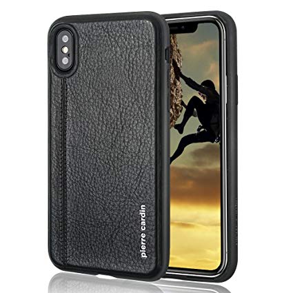 iPhone X Leather Case, Pierre Cardin Genuine Leather Flexible Slim fit Anti-Slip Drop Resist TPU Full Protection Case for iPhone X (5.8") (Black)