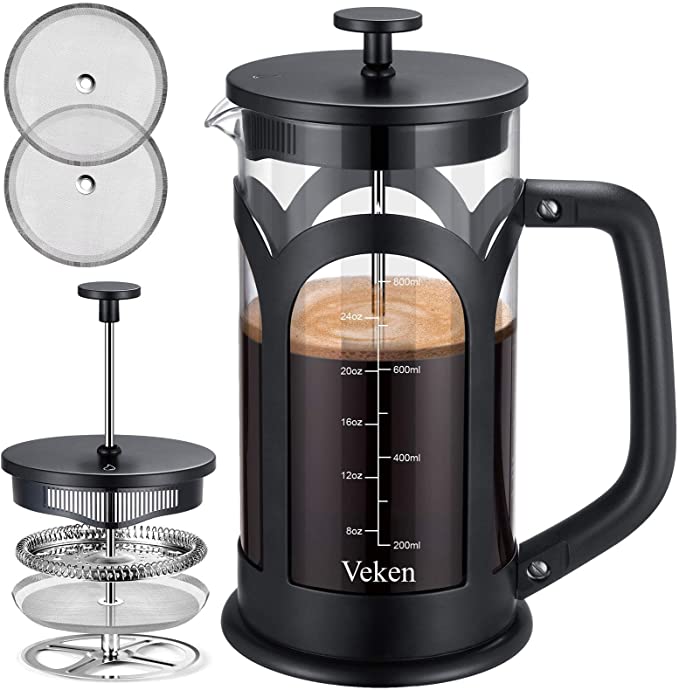 Veken French Press Coffee & Tea Maker, 304 Stainless Steel Heat Resistant Borosilicate Glass Coffee Press with 4 Filter Screens, Durable Easy Clean 100% BPA Free, 34oz, Black