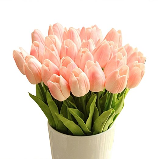 Soledi Single Stem 10 heads Artificial Tulips Real Touch PU Tulips Flowers Arrangement Bouquet Home Room Office Centerpiece Party Wedding Decor Pink