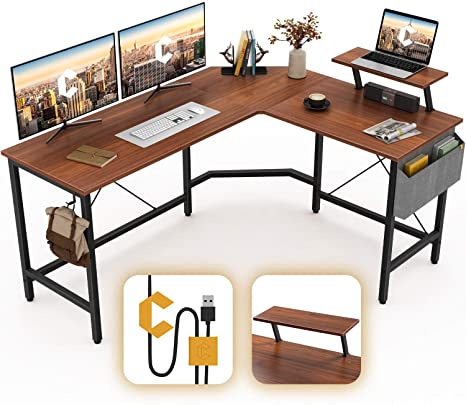 Cubiker Modern L-Shaped Computer Office Desk, Corner Gaming Desk with Monitor Stand, Home Study Writing Table Workstation for Small Spaces, Espresso