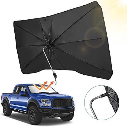 JOYTUTUS Windshield Sun Shade Umbrella Compatible with F150, for Full-Size Pickup Truck, 360° Rotation Bendable Shaft Foldable, Automotive Interior Sun Protection, UV Rays Block, Easy to Store and Use