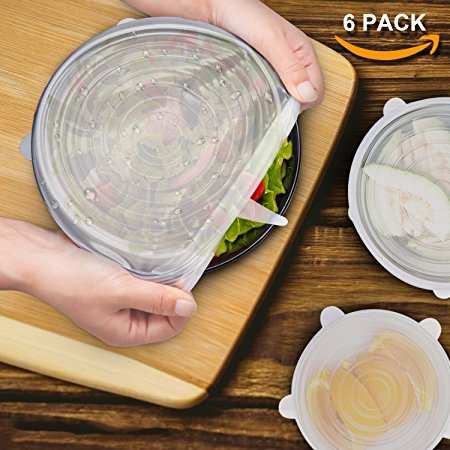 Silicone storage covers, SIX-QU 6-Pack of Various Sizes Silicone Stretch Lids for Bowl, Can, Jar, Glassware, Food Saver Covers Safe in Dishwasher, Microwave and Freezer