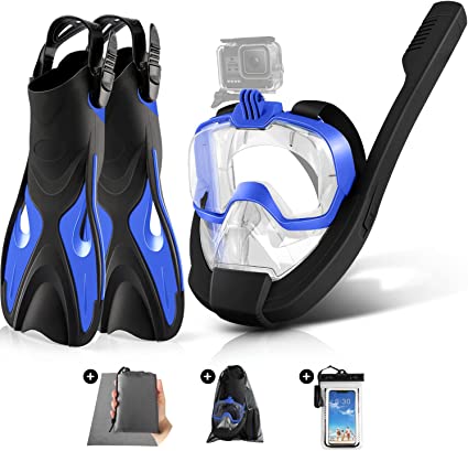 Odoland Snorkel Set for Man and Women, 180° Panoramic View Full Face Snorkeling Mask with Camera Mount and Snorkel Fins, Dry Top Safety Breathing System Anti-Leak Anti-Fog Diving for Adult