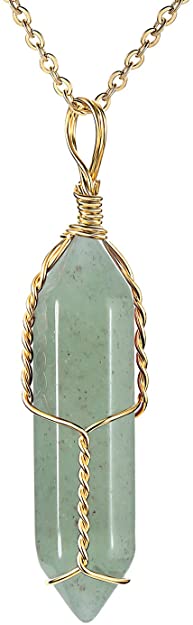 JADENOVA Full Wire Wrapped Energy Healing Crystal Gemstone Pendant Necklace 18" Stainless Steel Chain