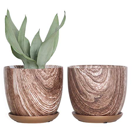 YIKUSH Ceramic Plant Pots Indoor, Planter Flower Pots 6 Inch Natural Wood Texture Printed with Drainage Hole & Ceramic Plant Saucers,Set of 2