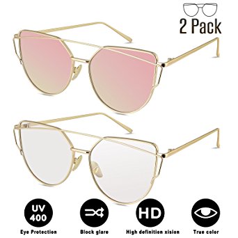 LIVHO G | Cat Eye Mirrored Flat Lenses Metal Frame Women Sunglasses (GOLD PINK GOLD GREY)