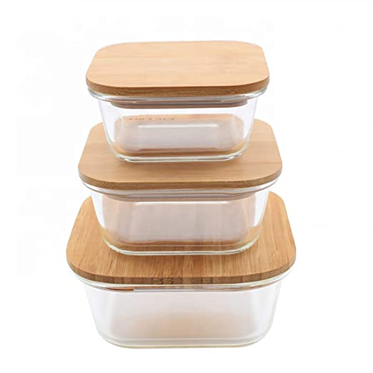 HOMIES, Set of 3, Square Glass Food Storage Containers / lunch box with Bamboo Lids, Size: S: 330ml, M: 520 ml and L: 800 ml