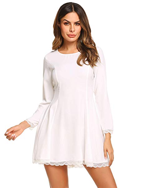 Hersife Women Lace Trim A Line Dress Long Sleeve Swing Flared Skater Cocktail Party Dress