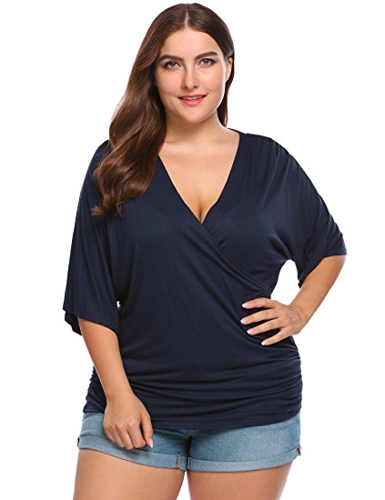 IN'VOLAND Women's Plus Size V Neck Short Sleeve Wrap Front Side Shirring Blouse Top