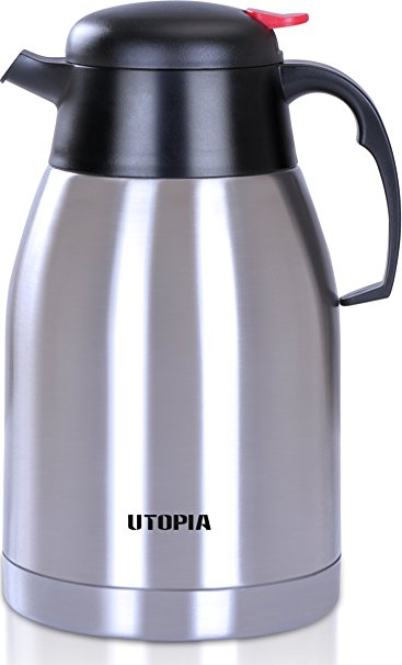 Premium Thermal Carafe Pitcher - 2 Liters Capacity - Double Wall Vacuum Insulation - Stainless Steel Unbreakable Construction - For Hot and Cold Beverages - by Utopia Home