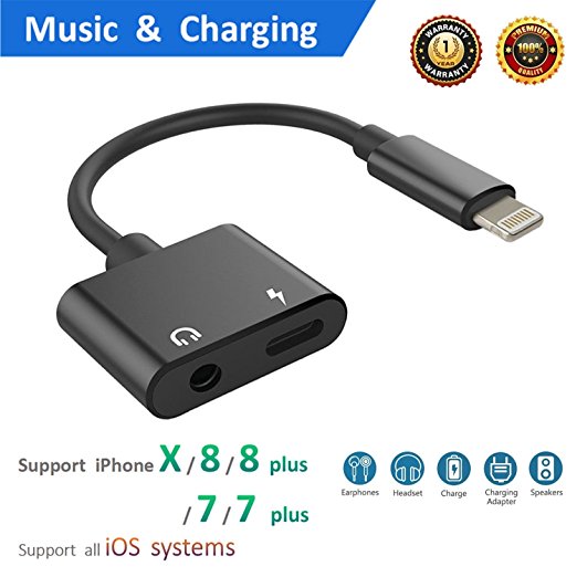 Lightning to 3.5mm Aux Headphone Jack Audio Adapter for iphone 7 / 8 / X / 7 plus / 8 plus (Support iOS 10.3, iOS 11), Cone 2 in 1 Lightning Adapter and Charger (Black)