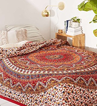 Popular Handicrafts Mandala Bohemian Psychedelic Intricate Floral Design Kerala Tapestry Magical Thinking Tapestry Indian Bedspread Tapestry 54x84 Inches,(140cmsx215cms) Red