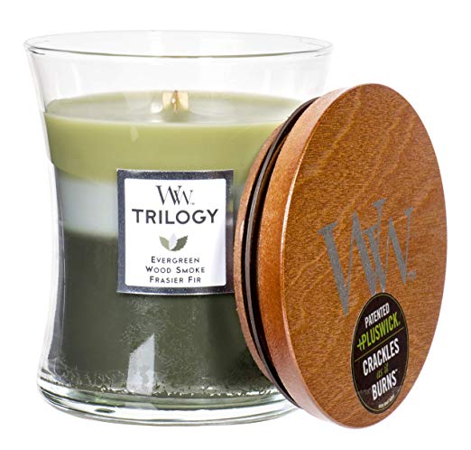 WoodWick Trilogy Mountian Trail - Evergreen, Wood Smoke, Frasier Fir Scented Hourglass Crackling Wooden Wick Candle in Clear Glass Jar, Medium - 9.7 Oz