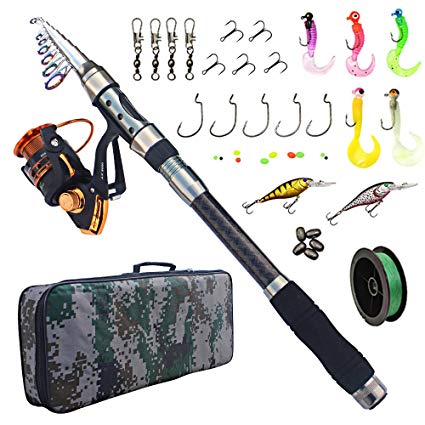 AGOOL Fishing Rod and Reel Combo Carbon Fiber Telescopic Spinning Portable Fishing Pole Fishing Gear with Line Lure Hooks Fishing Bag for Sea Saltwater Freshwater Boat Fishing