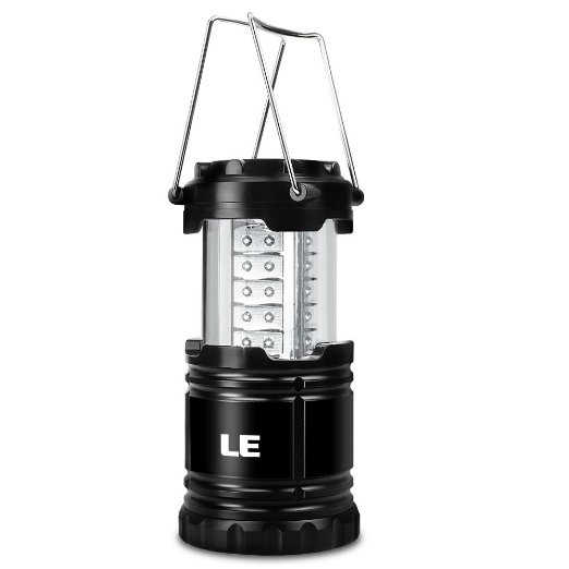 LE® Portable Outdoor LED Camping Lantern, 30 LEDs, Battery Powered, Water Resistant, Home, Garden and Camping Lanterns for Hiking, Camping, Emergencies, Hurricanes (Black, Collapsible)